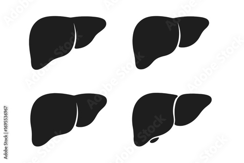 Liver icon set. Human organ silhouette. Vector illustration for medical, anatomy, health concepts. Healthy and diseased states like cancer, cirrhosis. Digestion system logo.
