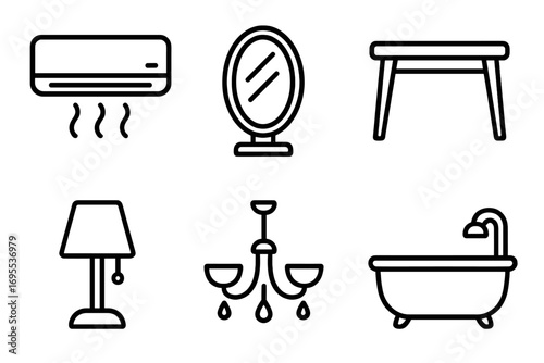 Interior design line icon set. Furniture and home appliance outline pictograms. Vector collection of conditioner, mirror, table, lamp, chandelier, bathroom symbols for web.