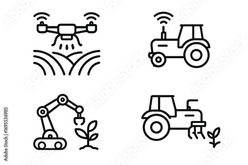 Modern farming technology vector icons with agricultural drone spraying crops, smart wireless tractor and robotic arm tending plants, precision agriculture linear design illustration