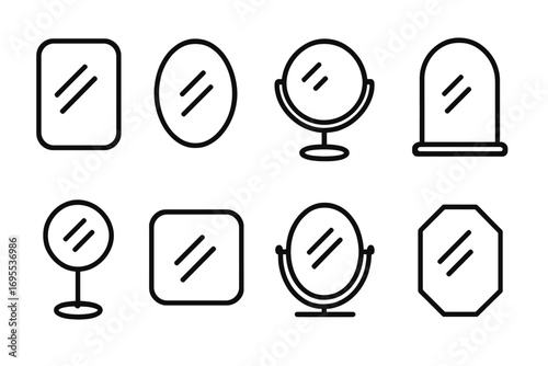 Minimalist mirror icon set. Black and white line art collection. Vector illustration of various mirror shapes for home decor, bathroom, and makeup. Simple reflection symbols.