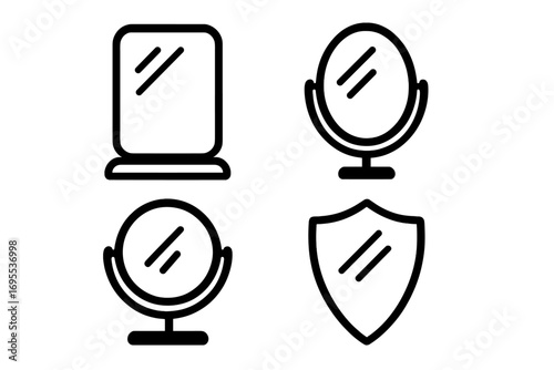 Mirror icon set. Line art symbol collection. Black and white outline. Simple vector illustration. Reflection, vanity, beauty, makeup, grooming concept. Various shapes.