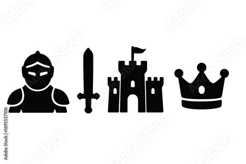 Medieval silhouette icons set with knight, sword, castle, and crown. Vector graphic elements for fantasy, history, or game design. Royal kingdom symbols of chivalry, power, and monarchy.