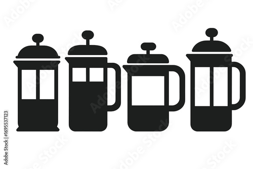 French press coffee maker vector icon set. Minimalist silhouette graphic for cafe menu or kitchen decor. Coffee pot, plunger, and press illustration for beverage design.