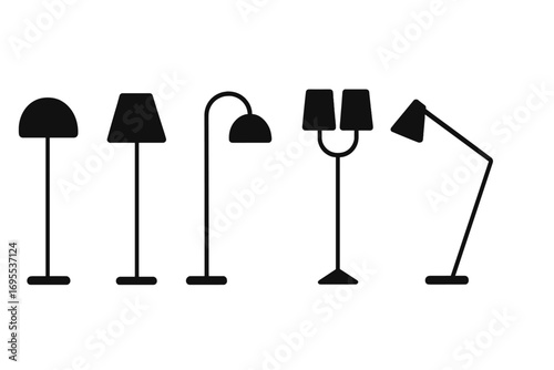 Minimalist floor lamp silhouettes set. Modern lighting design collection. Vector furniture icon for interior decor. Home fixture electricity object. Standing lamp pictogram.