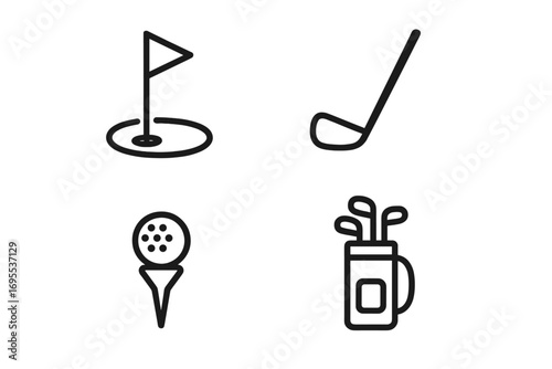 Minimalist golf icon set simple black line designs. Vector sport symbols for golf enthusiasts. Golf club, ball on tee, flag in hole, and bag illustration collection.