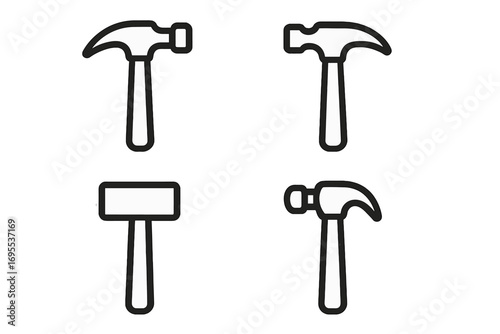 Hammer icon vector set. Claw hammer, sledgehammer. Minimalist black and white tool graphics. Construction, repair, workshop, handyman, diy symbol. Simple line art illustration.