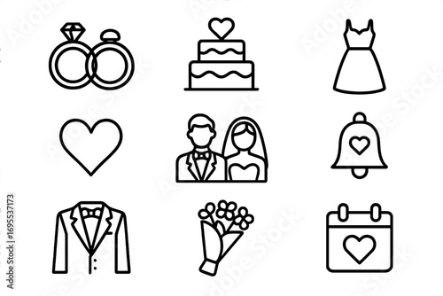 Modern linear wedding icons collection with diamond rings, wedding cake with heart, bridal dress, heart symbol, groom and bride couple, wedding bell, tuxedo, flower bouquet, and heart calendar