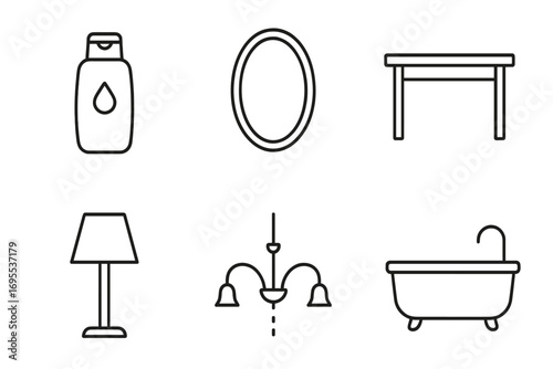 Interior design line icon set. Home furniture and decor outline symbols. Editable vector illustrations of lamp, table, mirror, chandelier, bathtub, and shampoo bottle.
