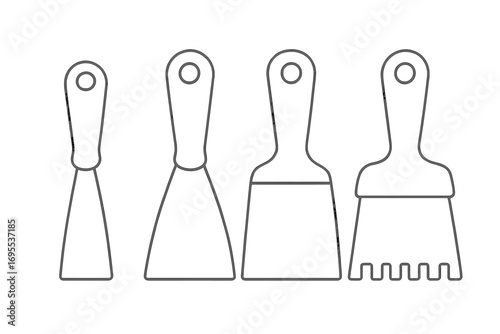 Putty knife line art set. Spatula and scraper tool icons for construction, repair and DIY. Vector illustration of renovation equipment. Handyman tools outline collection.