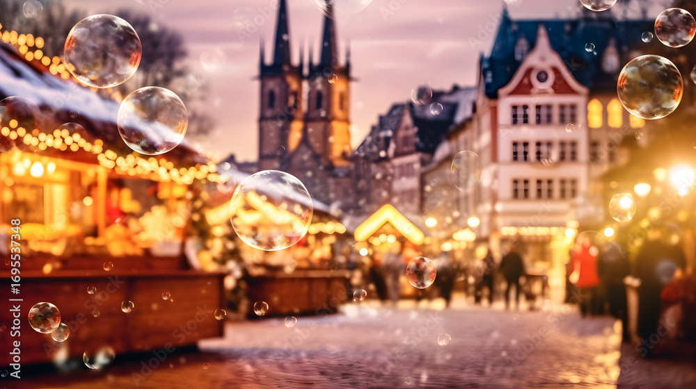 Naklejka premium Magical winter holiday scene with soap bubbles drifting through air, blurred Christmas market in background creating dreamy festive atmosphere full of joy and seasonal cheer