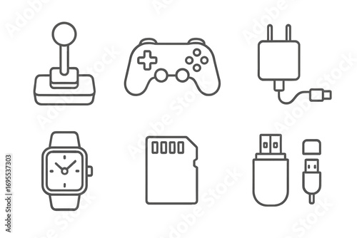 Technology and gaming icon set. Vector line art of joystick, gamepad, charger, smartwatch, memory card, and USB flash drive. Editable stroke pictogram collection for web.