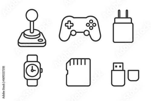 Technology and gaming thin line icon set. Vector symbols pack with joystick, gamepad controller, charger block, smart watch, memory card, and usb flash drive. Editable stroke.