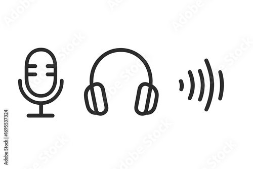 Audio icon set with microphone, headphones, and sound wave symbols. Vector illustration for podcasting, music, radio, and broadcasting. Minimalist line art communication design.