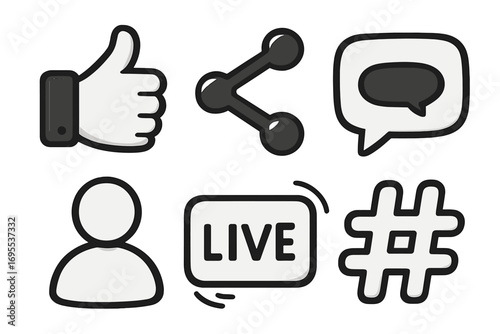 Monochrome social media icons set, thumbs up, share, chat bubble, user profile, live streaming, hashtag symbol, vector cartoon illustration, transparent background, ordered collection
