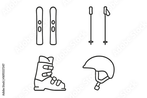 Minimalist linear ski icons set. Simple winter sports equipment design with skis, poles, boot, and helmet. Vector line art illustration for alpine skiing gear and safety.