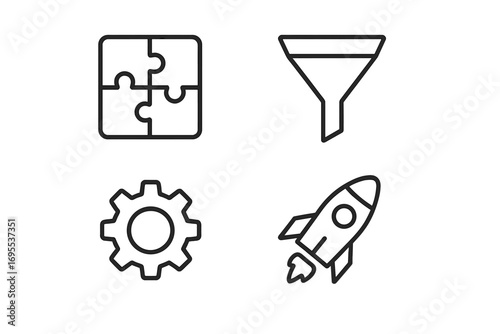 Line icon set for business and data analytics. Icons of puzzle for strategy, funnel for sales, gear for process, and rocket for startup launch. Vector outline symbols.