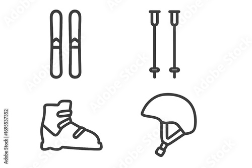 Ski icon set. Minimalist linear winter sports equipment. Vector design includes skis, poles, boot, helmet. Simple outline pictograms for alpine skiing and mountain vacation.
