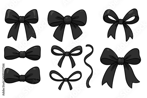 Various black ribbon bows for gifts and decorations, elegant versatile bow collection for different occasions, vector cartoon illustration set, decorative ribbons, festive accessory