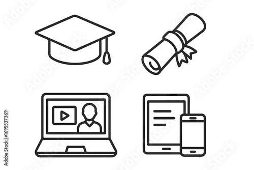 Online education icons set with graduation cap, diploma, e-learning video on laptop, digital devices tablet and smartphone, linear style vector cartoon illustration for digital learning concept