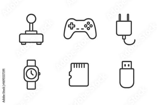 Technology and gaming gadget simple line icon set. Joystick, gamepad, charger, watch, memory card, USB flash drive. Editable stroke outline vector icon collection.