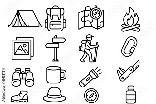 Outdoor adventure icons set with camping, hiking, exploration essentials, linear style vector illustration, backpacking gear, map, campfire, trekking tools, nature travel symbols