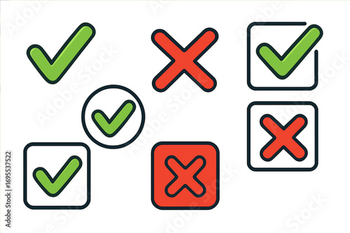 Various green check marks and red cross icons for choices and instructions, user interface symbols, checkbox ticks and crosses, vector cartoon design elements illustration