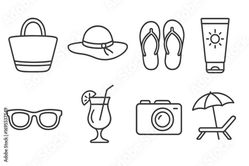 Summer vacation beach essentials icon set. Linear outline travel holiday symbols collection. Minimalist vector graphic elements. Bag, hat, flip flops, sunscreen, sunglasses, cocktail.