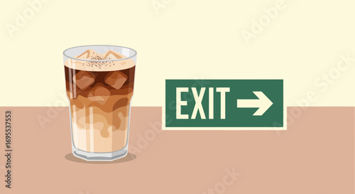 Refreshing Iced Coffee Next To An Exit Directional Sign With Color Contrast