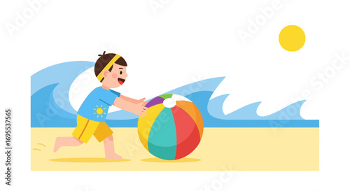 A little boy playing with a colorful beach ball on a sunny day by the sea