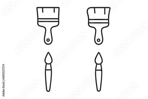 Paint brush icon set. Minimalist line art vector illustration of artist and painter tools. Simple black and white outline drawing symbols for creativity, hobby, and craft projects.