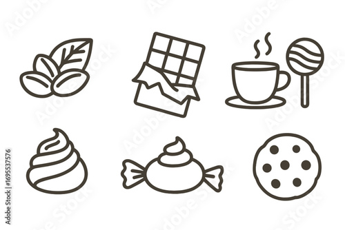 Various chocolate and confectionery icons featuring cocoa beans, chocolate bars, candies, hot drinks, whipped cream, and cookies in simple line art style, vector cartoon illustration