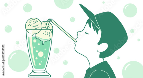 Refreshing Illustration of Child Sipping a Delicious Ice Cream Soda, Vector Art