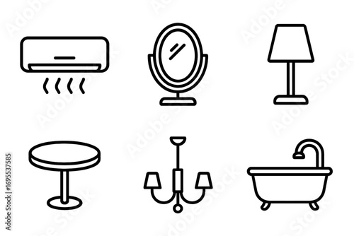 Interior line icon set. Home furniture, decor and bathroom fixtures. Contains air conditioner, vanity mirror, table, lamp, chandelier, bathtub. Editable outline pictogram symbols.