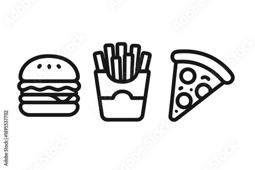 Outline icons of fast food items including burger, fries, pizza slice. Vector cartoon illustration, transparent background, ordered set, fast food menu icons, takeaway food design