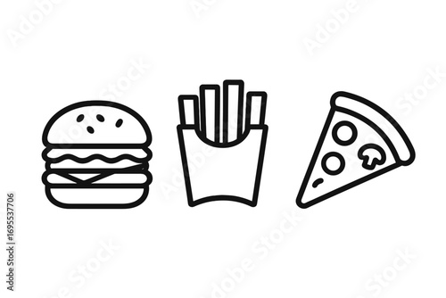 Outline icons of fast food items including burger, fries, and pizza slice. Vector cartoon illustration with transparent background. Ordered set of popular junk food symbols for menus and apps.