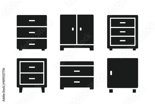 Set of furniture icons. Minimalist silhouette of cabinet, drawer, chest of drawers, and nightstand for interior design. Vector illustration. Home decor pictogram symbols.