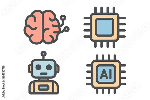 Artificial intelligence line icon set. AI technology, machine learning, robotics concepts. Icons include robot, cyborg brain, CPU chip, processor. Vector illustration for future tech.