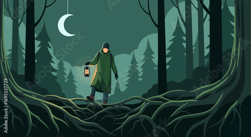 A Lone Explorer Navigates a Mysterious Forest's Nighttime Landscape with a Lantern