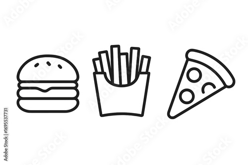 Outline icons of fast food items including burger, fries, and pizza slice. Vector cartoon illustration with transparent background, ordered set of popular fast food symbols.