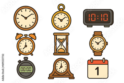 Various Clock and Time Icons Collection. Vector Cartoon Illustration Featuring Different Timekeeping Devices, Styles, Alarm Clock, Wristwatch, Pocket Watch, Hourglass, Stopwatch, Calendar