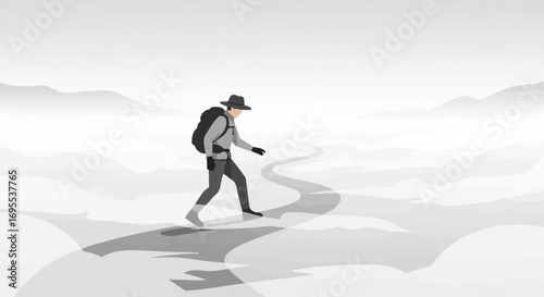 A lone hiker traversing a path through a misty landscape, illustration design
