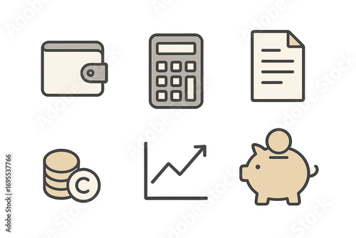 Finance and money management icon set. Minimalist vector icons for business, banking, and investment. Includes wallet, calculator, tax document, coins, growth chart, piggy bank.