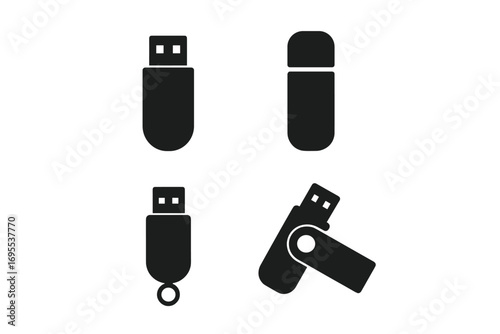 Minimalist USB flash drive icons set in black silhouette style. Vector illustration for digital data storage and technology. Memory stick and pen drive hardware symbols.