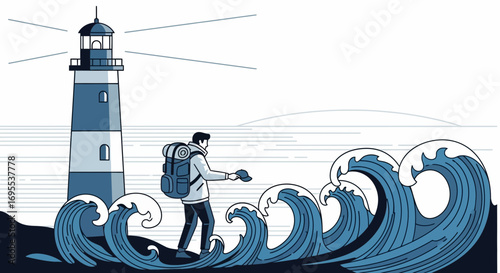 A lone traveler approaching a lighthouse amidst ocean waves, vector artwork vector illustration