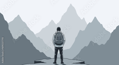 A lone hiker standing and contemplating majestic mountains travel and exploration