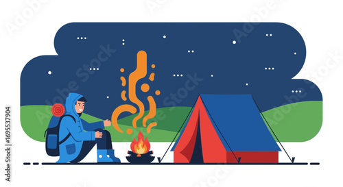 A Lonely Camper Sits Near A Campfire Under The Dark Night's Sky Illustrative Scene