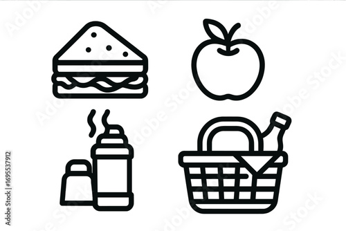 Minimal picnic icons set featuring sandwich apple thermos and more in bold linear style vector cartoon illustration with transparent background ordered collection for outdoor dining and leisure