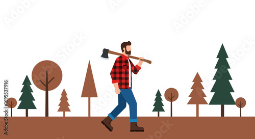 A Lumberjack Carrying an Axe Walking Through a Forest in a Clean Illustration Style