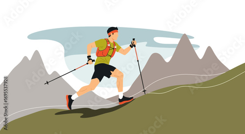 A male athlete trail running uphill using hiking equipment in a mountain landscape view
