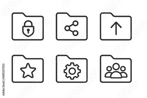 Minimalist folder icons set with security lock, sharing, uploads, favorites star, settings gear, and team group silhouettes, vector cartoon illustration with transparent background, ordered design
